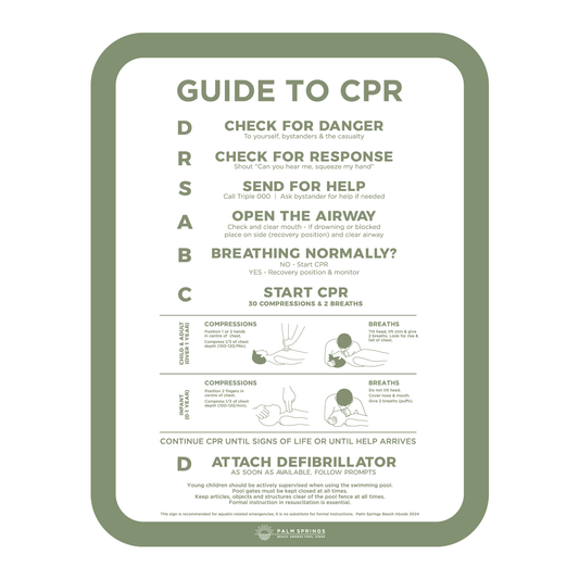 The Slim Green & White compliant Pool Safety CPR Sign - Palm Springs Beach Abode