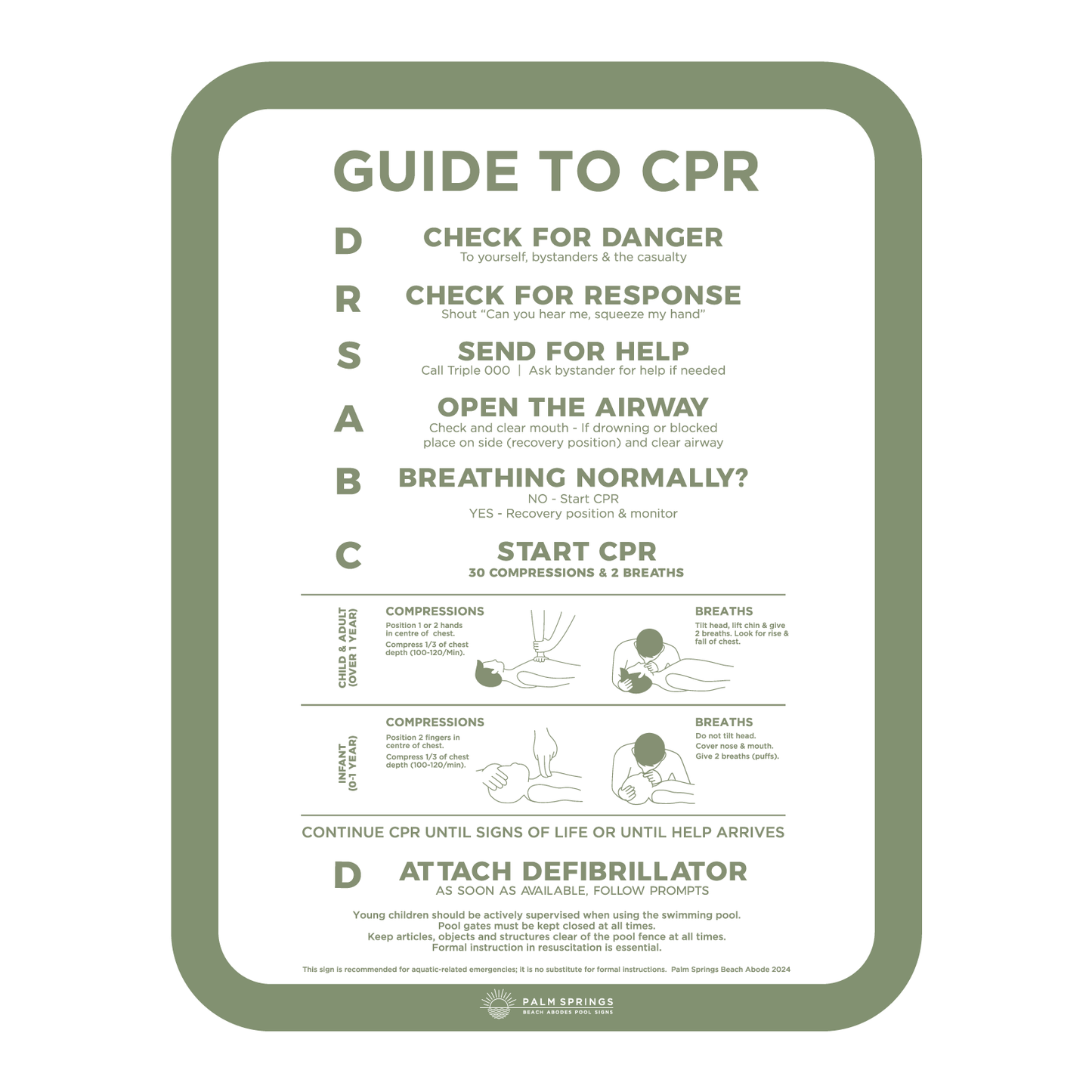 The Slim Green & White compliant Pool Safety CPR Sign - Palm Springs Beach Abode
