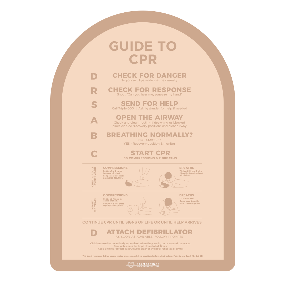 Beige & Cream CPR Pool Safety Signs - Palm Springs Beach Abode