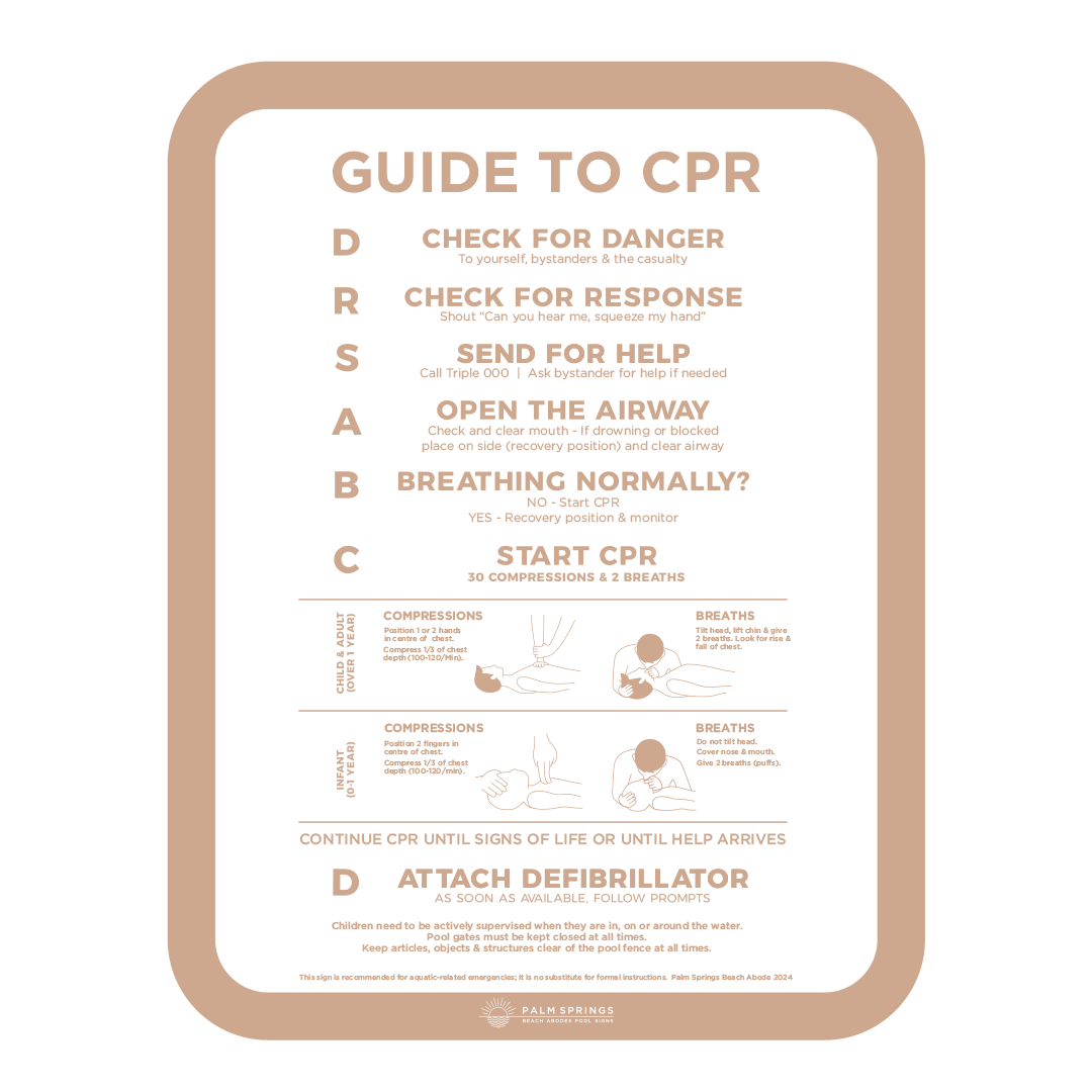 Beige & White CPR Pool Safety Signs - Palm Springs Beach Abode
