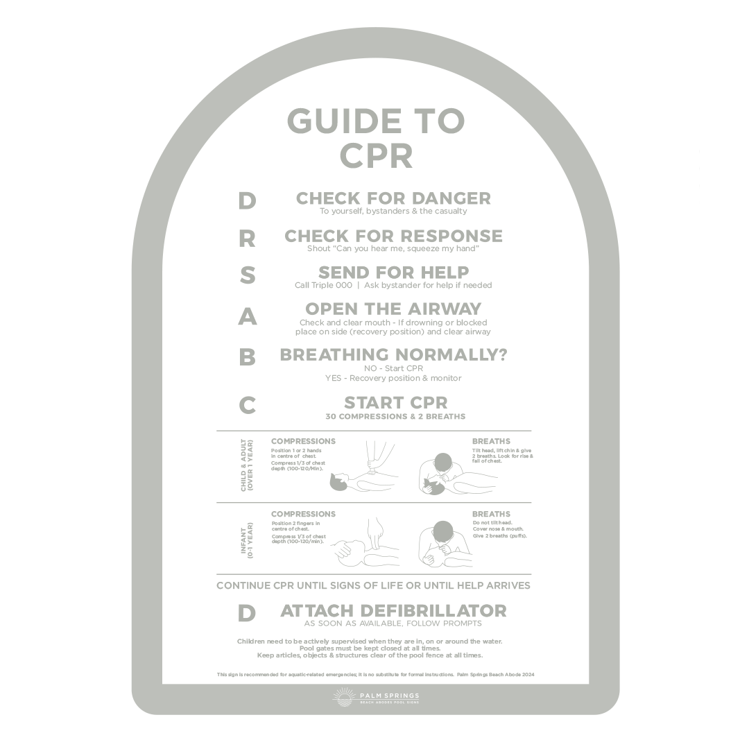 Grey & White CPR Pool Safety Signs - Palm Springs Beach Abode
