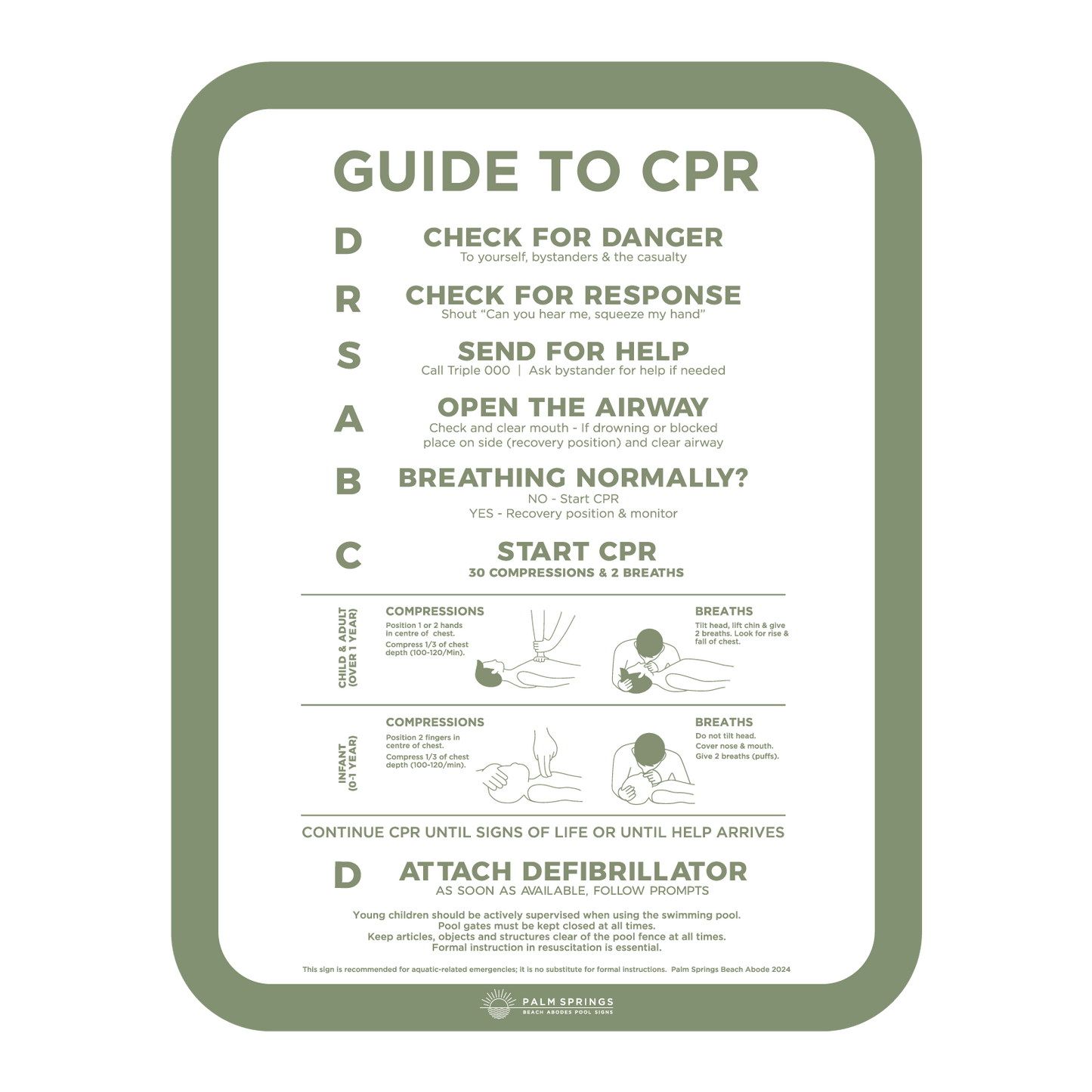 The Slim Green & White compliant Pool Safety CPR Sign - Palm Springs Beach Abode