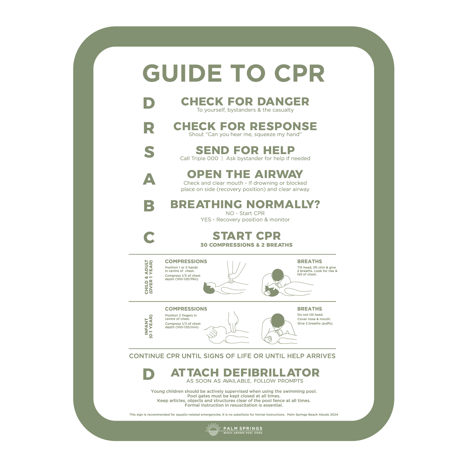 The Slim Green & White compliant Pool Safety CPR Sign - Palm Springs Beach Abode