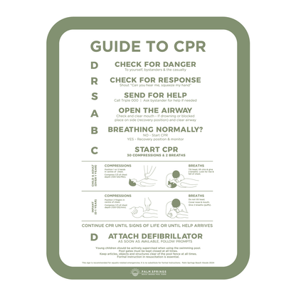 The Slim Green & White compliant Pool Safety CPR Sign - Palm Springs Beach Abode