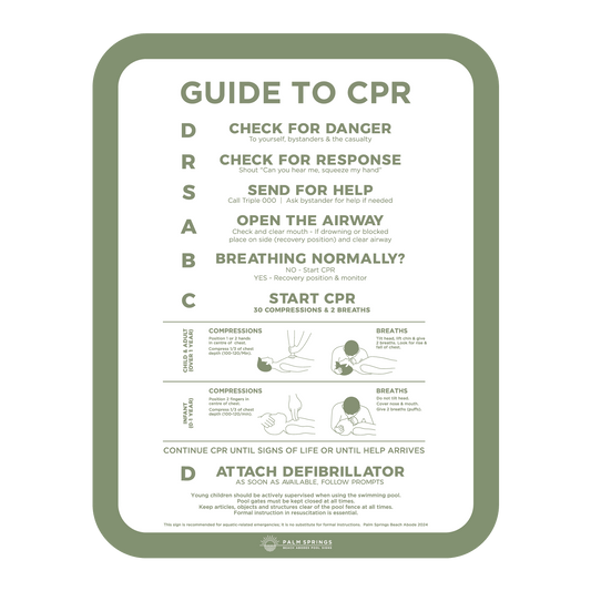 The Slim Green & White compliant Pool Safety CPR Sign - Palm Springs Beach Abode