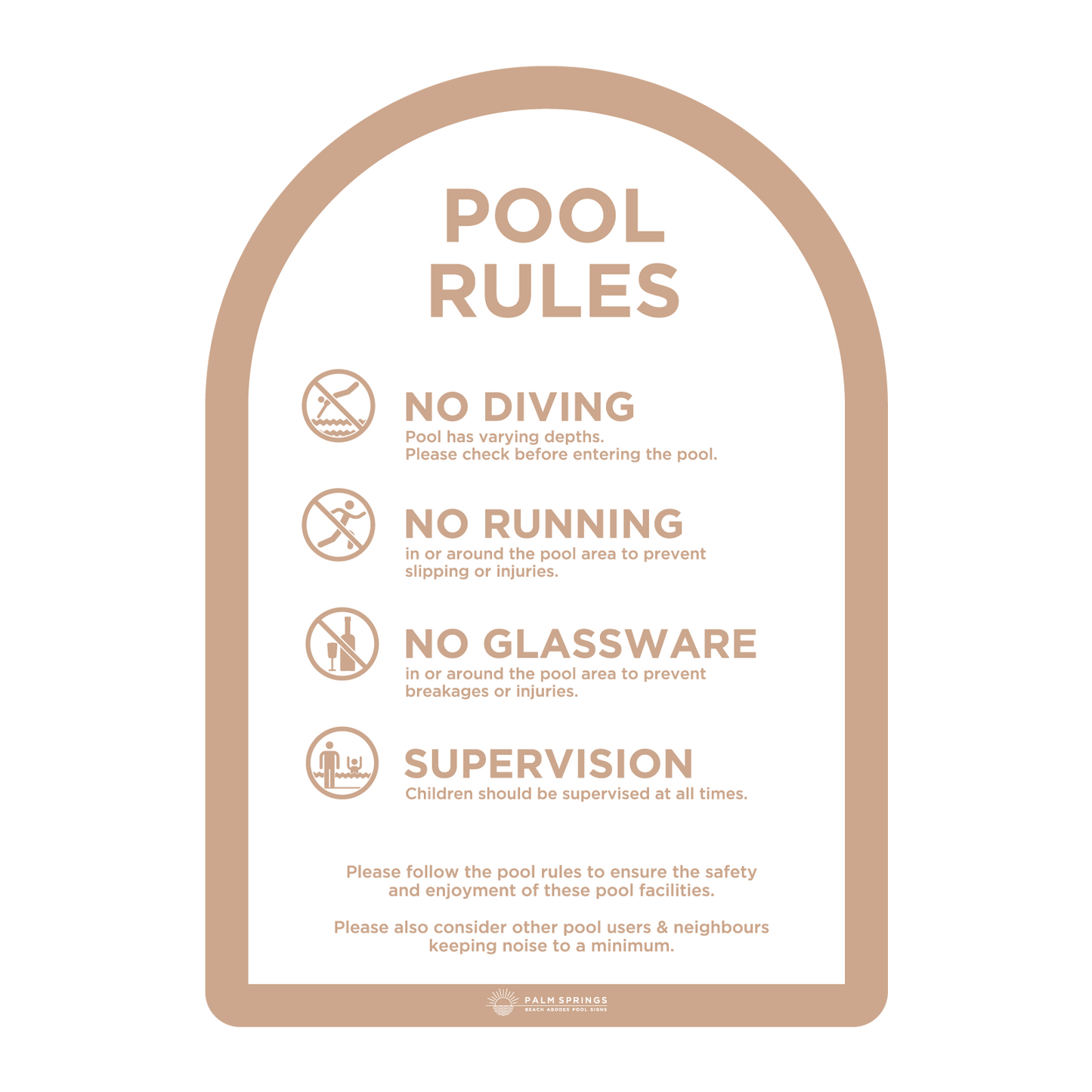 The Halo Beige & White Pool  Rules Sign - Palm Springs Beach Abode