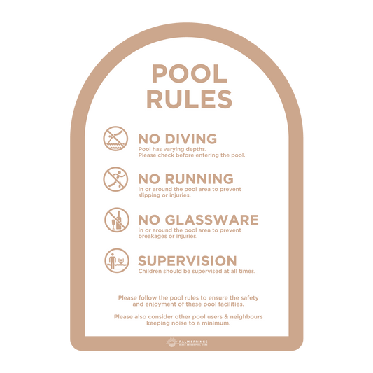 The Halo Beige & White Pool  Rules Sign - Palm Springs Beach Abode