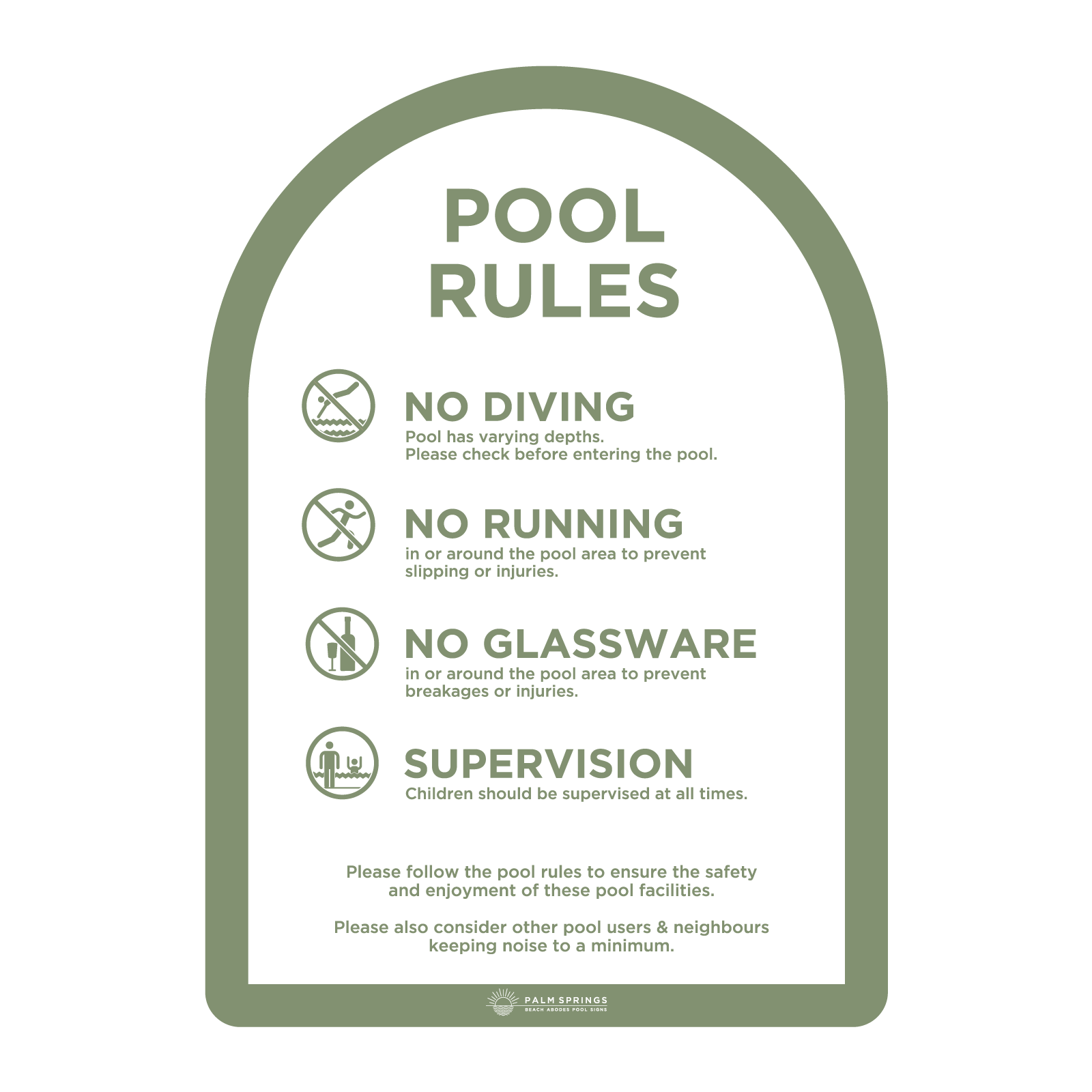 The Halo Green & White Pool  Rules Sign - Palm Springs Beach Abode