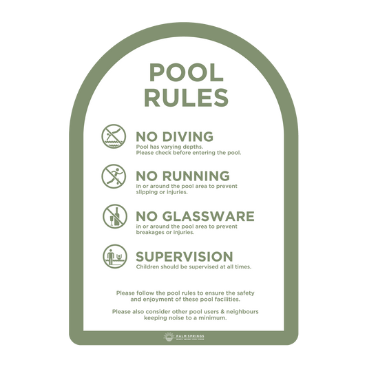 The Halo Green & White Pool  Rules Sign - Palm Springs Beach Abode