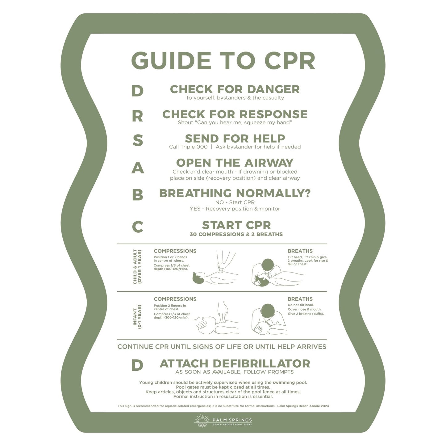 The ‘Wave’ CPR Pool Sign - Green & White - Palm Springs Beach Abode